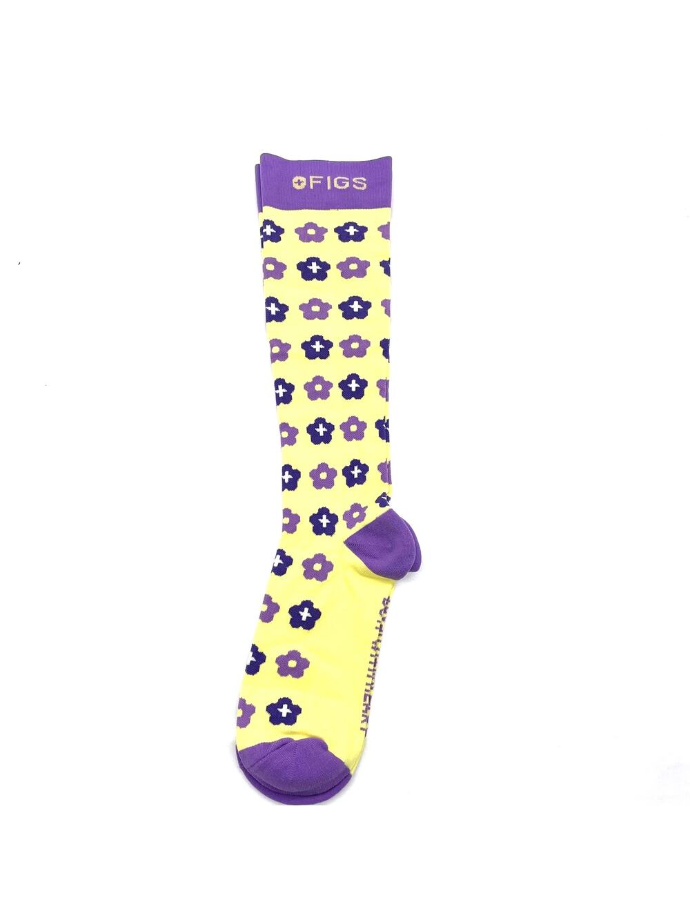 1 Pair FIGS Compression 'Flowers' Yellow & Purple Socks Size Medium